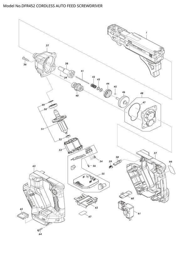 Vue éclatée Makita DFR452 - page 1