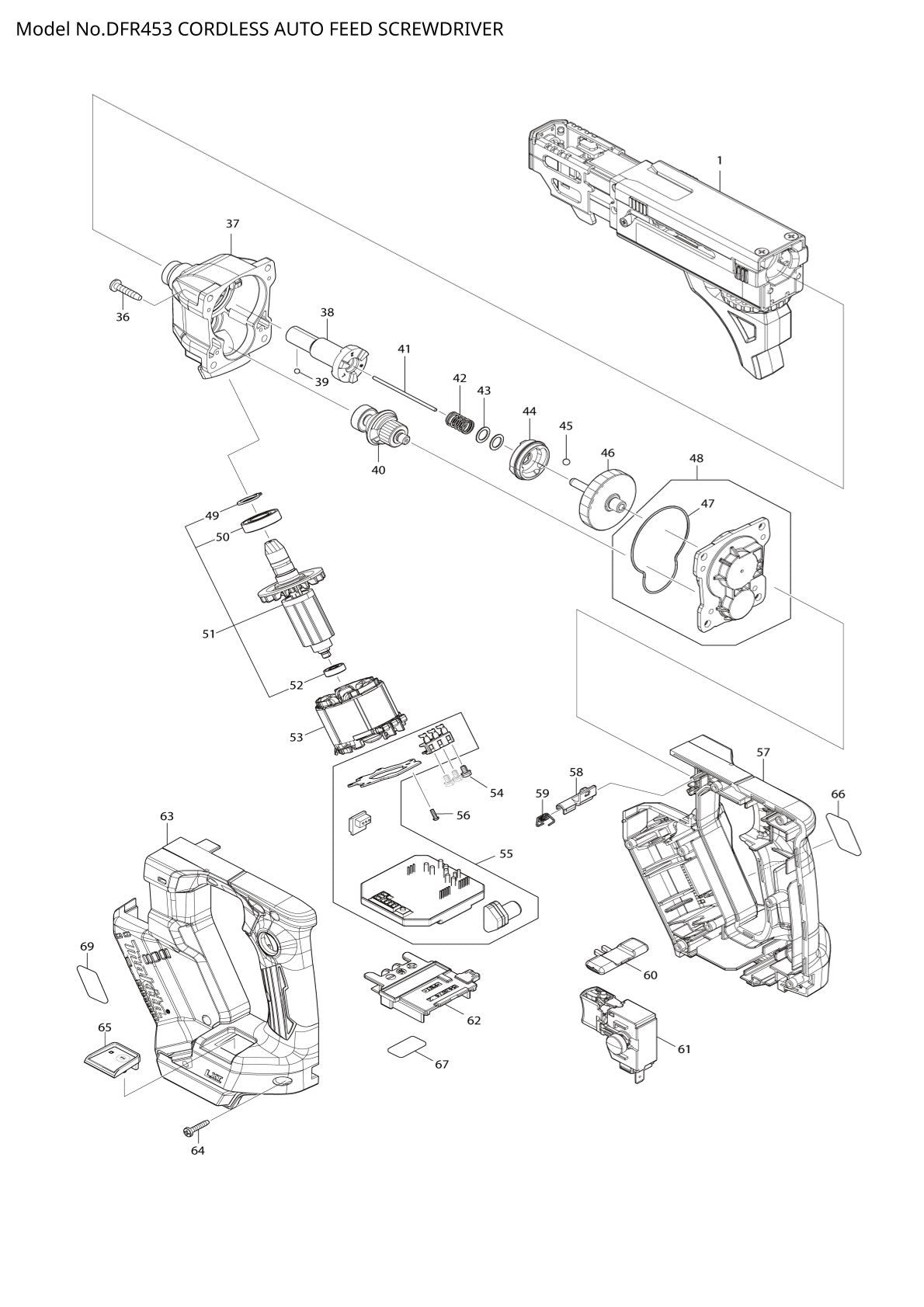 Vue éclatée Makita DFR453 - page 1