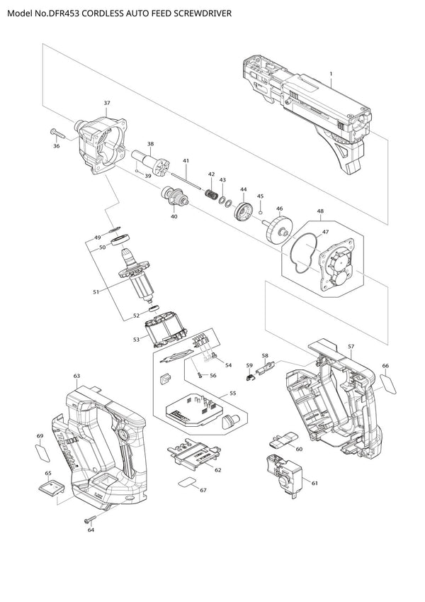Vue éclatée Makita DFR453 - page 1