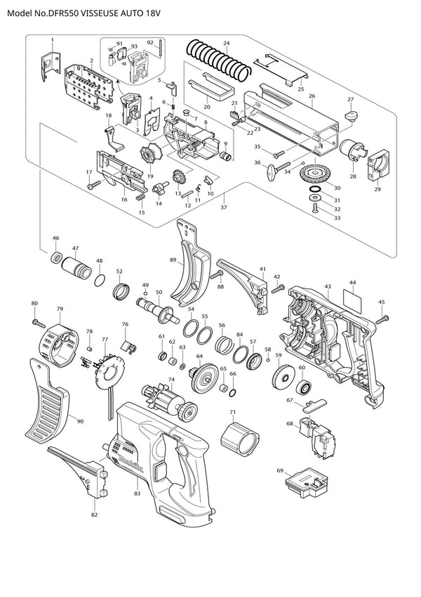 Vue éclatée Makita DFR550 - page 1
