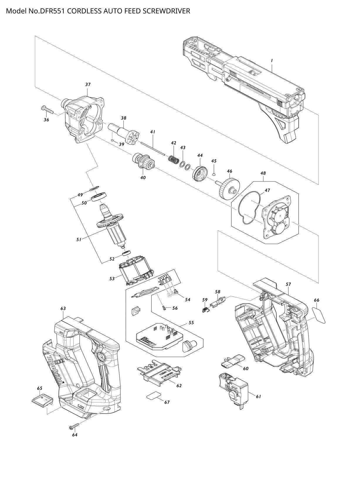 Vue éclatée Makita DFR551 - page 1