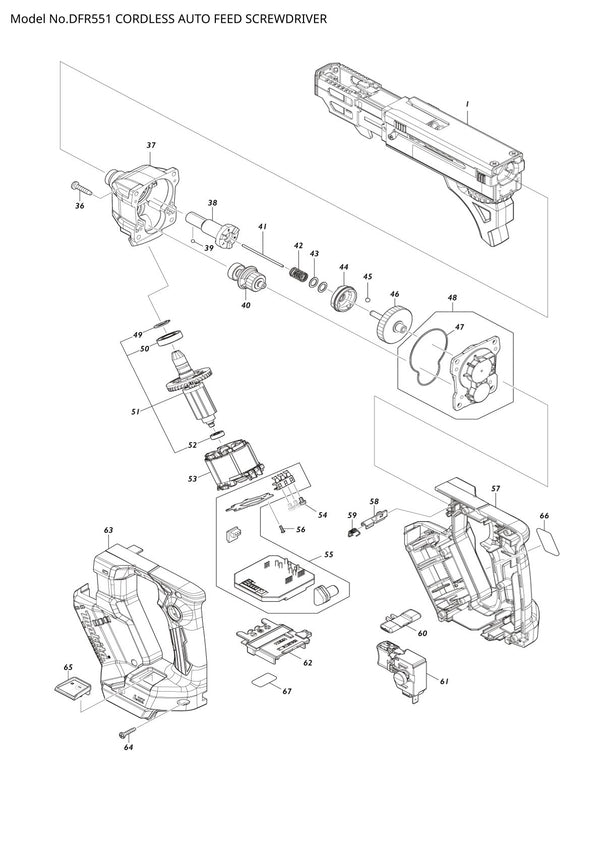 Vue éclatée Makita DFR551 - page 1