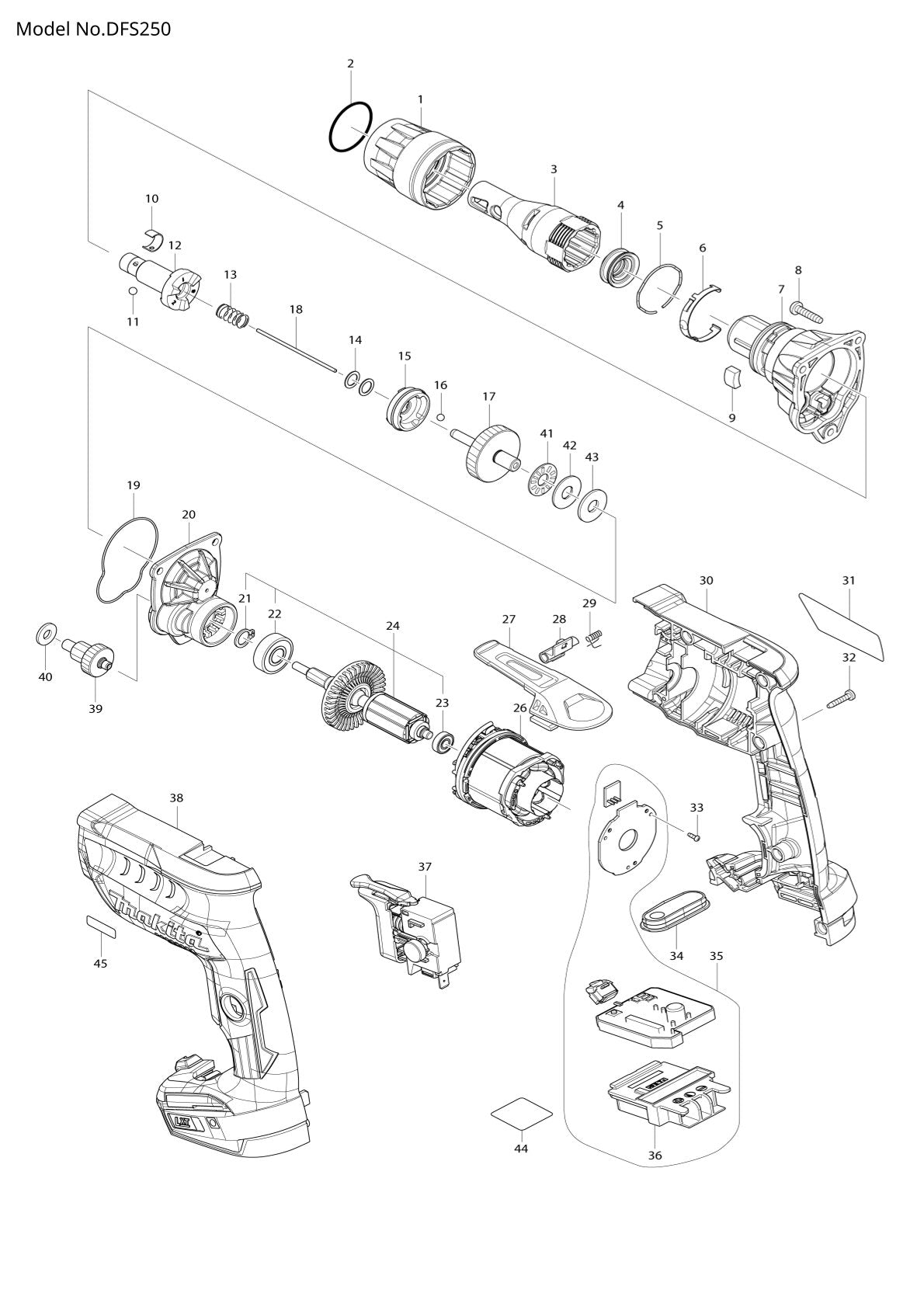 Vue éclatée Makita DFS250 - page 1