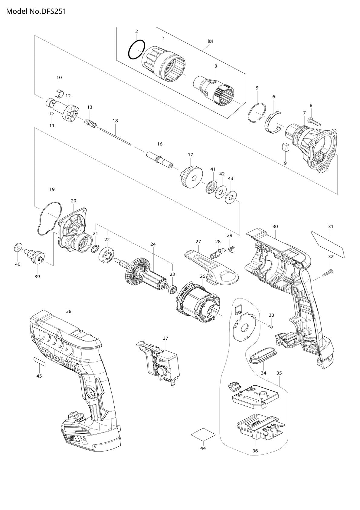 Vue éclatée Makita DFS251 - page 1