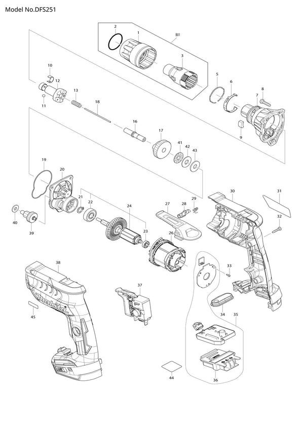 Vue éclatée Makita DFS251 - page 1