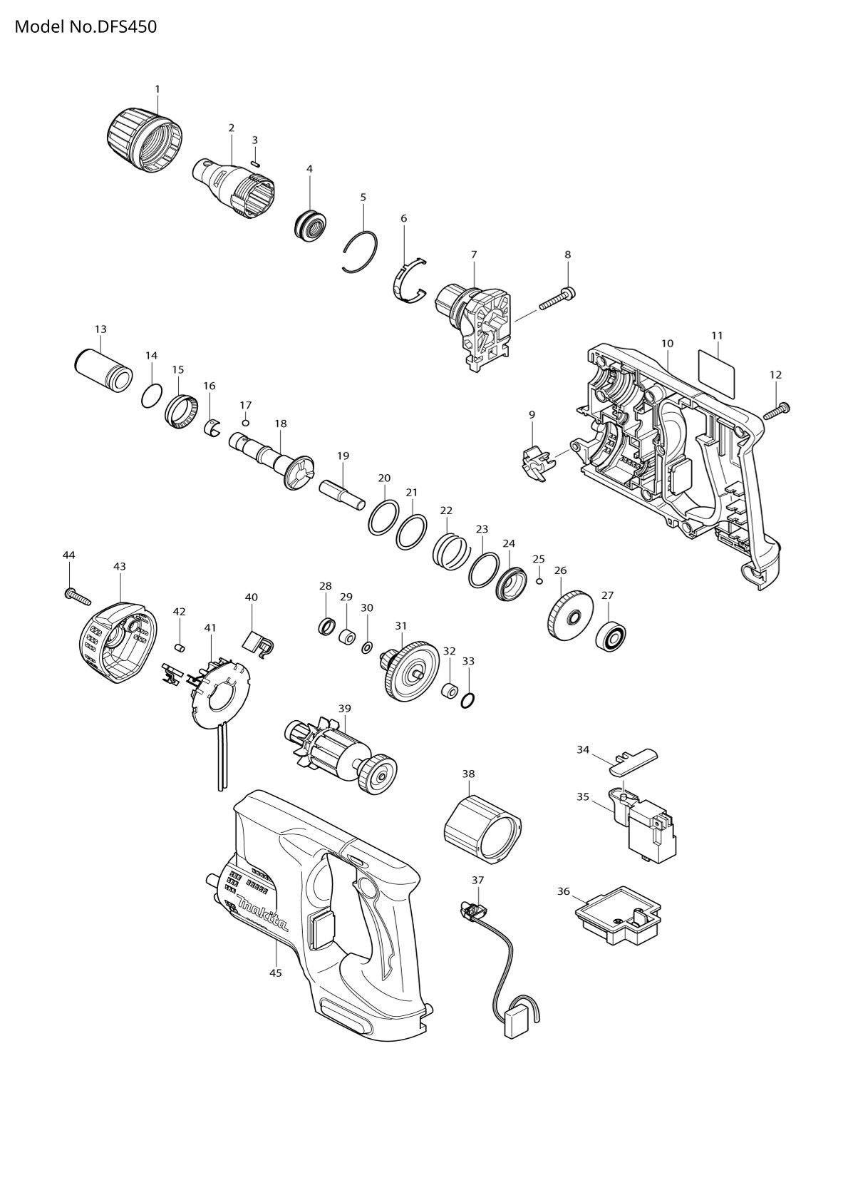 Vue éclatée Makita DFS450 - page 1