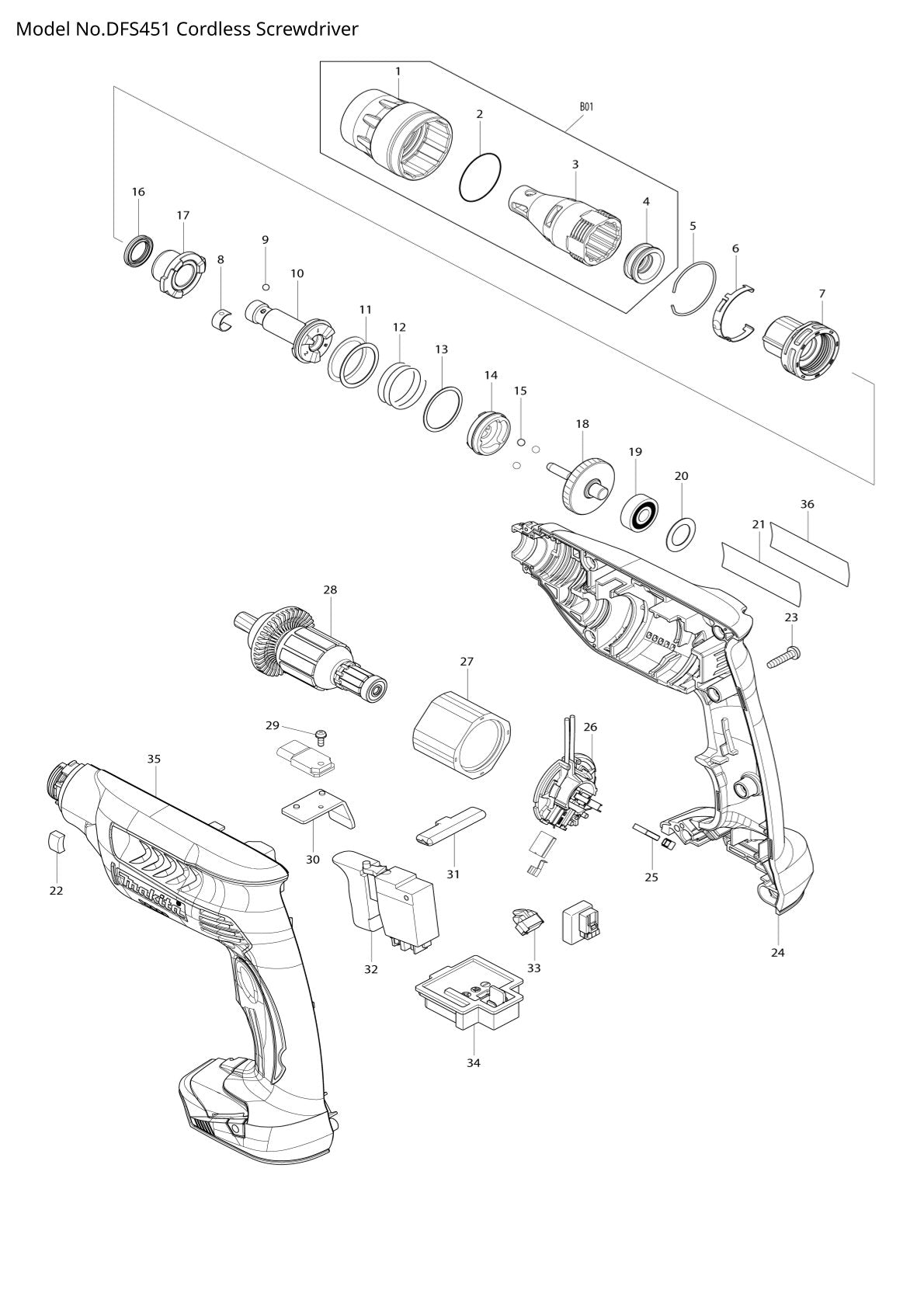 Vue éclatée Makita DFS451 - page 1