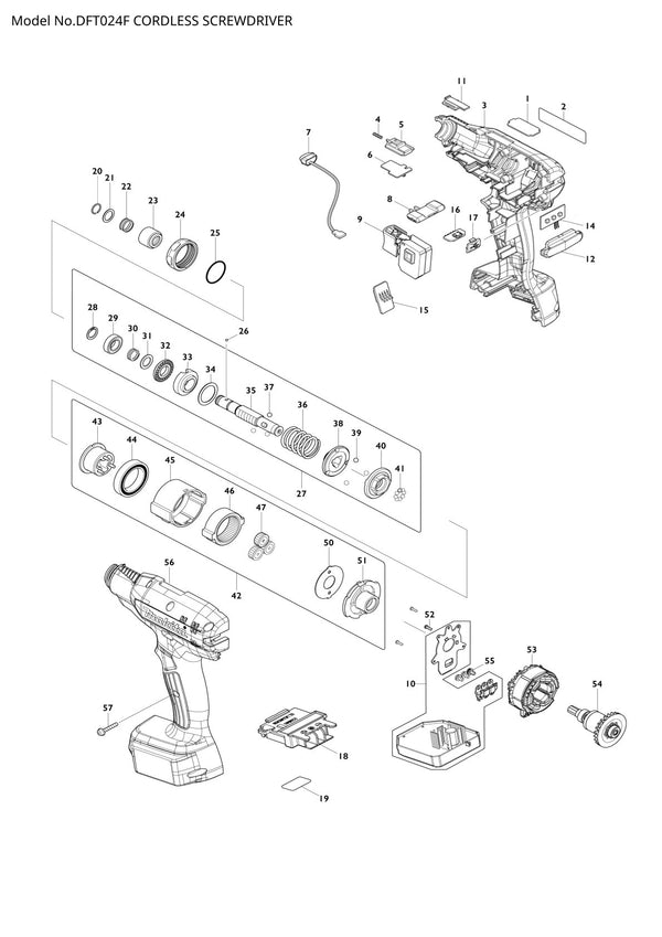 Vue éclatée Makita DFT024F - page 1