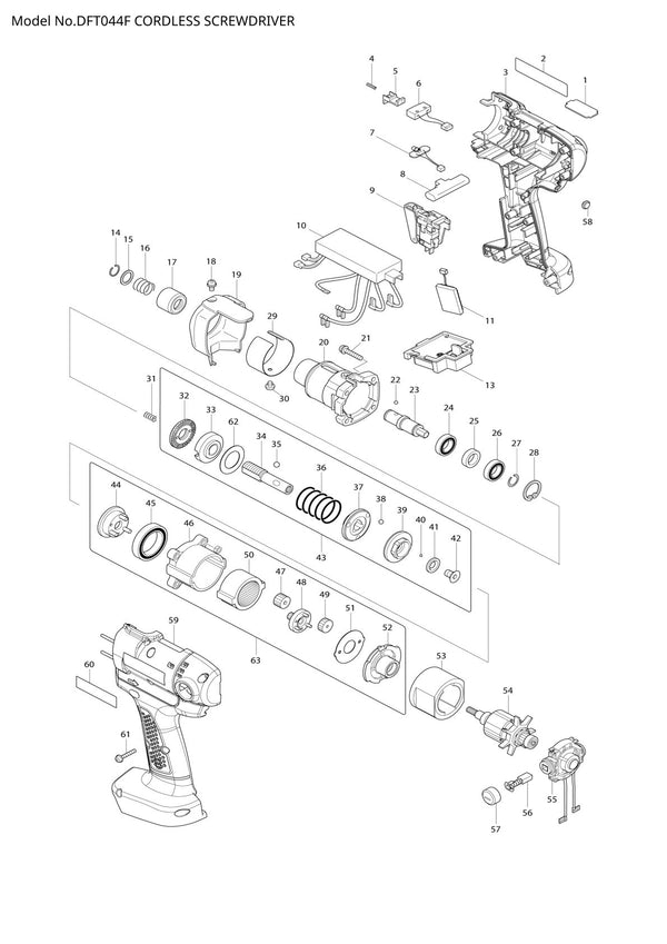 Vue éclatée Makita DFT044F - page 1