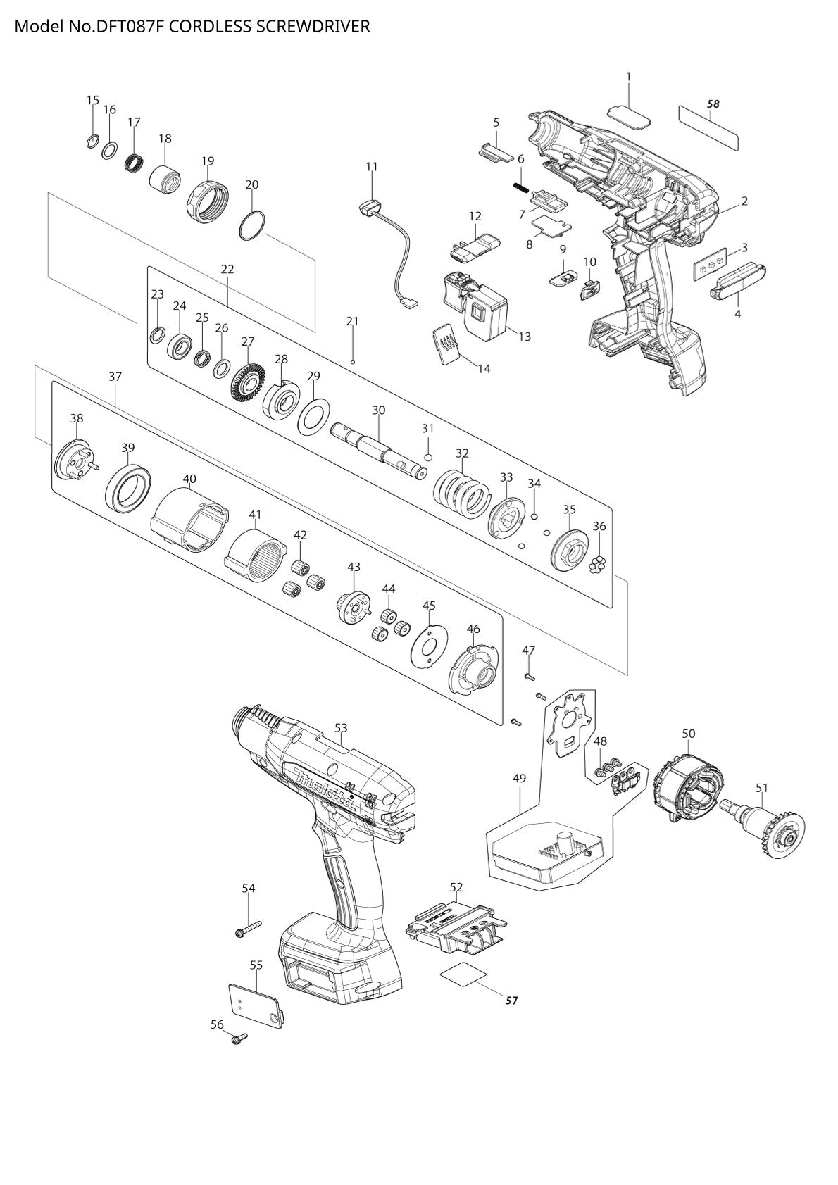 Vue éclatée Makita DFT087F - page 1
