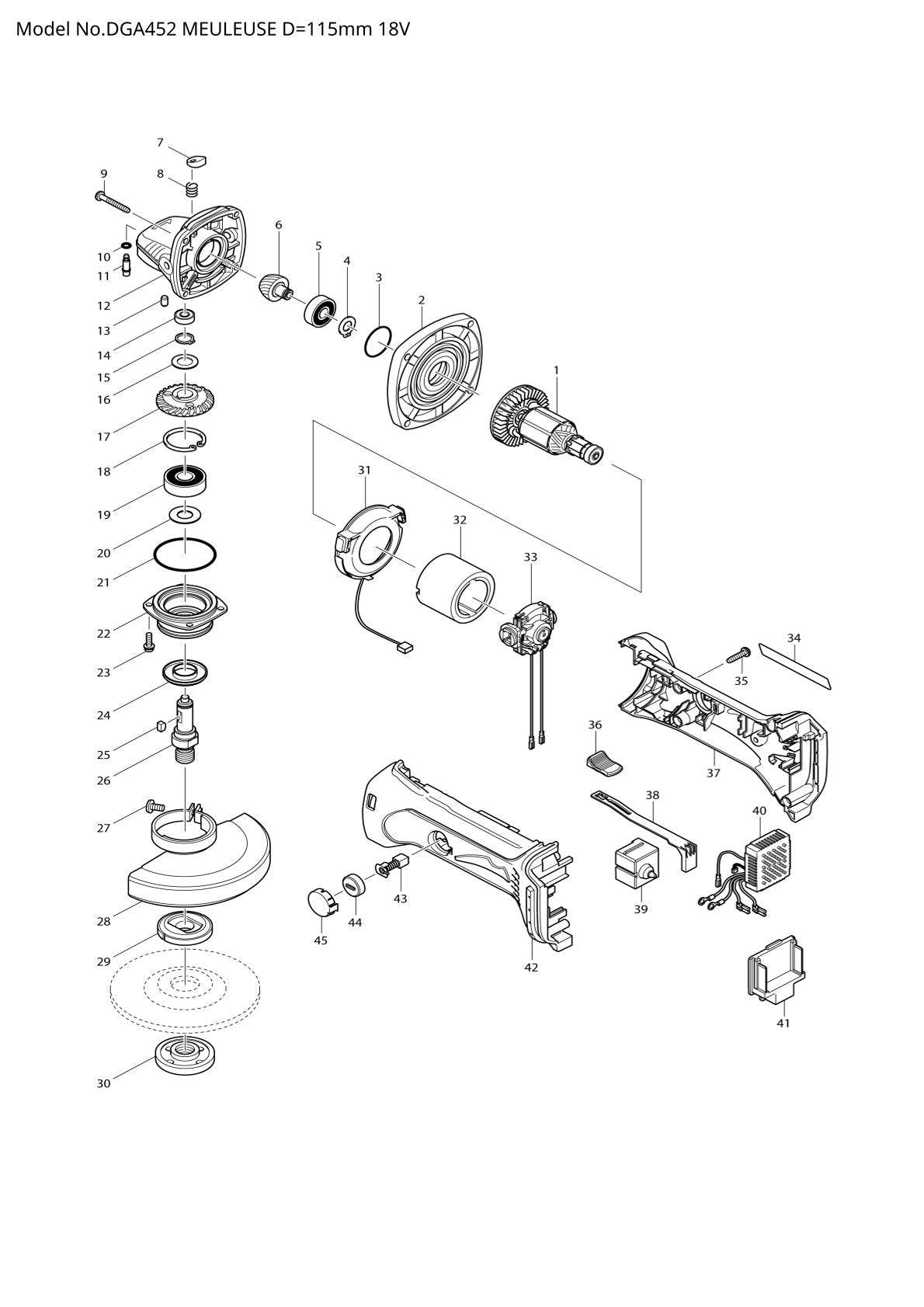 Vue éclatée Makita DGA452 - page 1