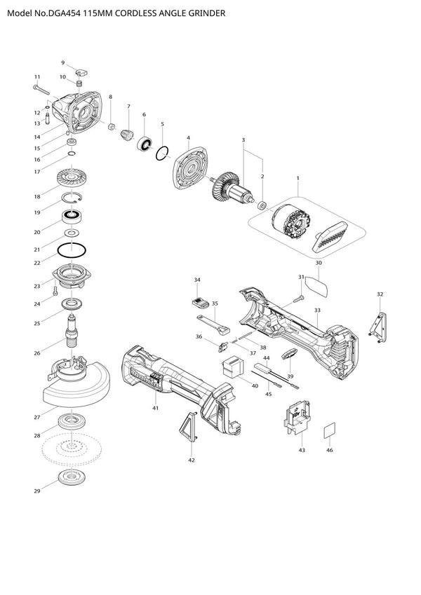 Vue éclatée Makita DGA454 - page 1