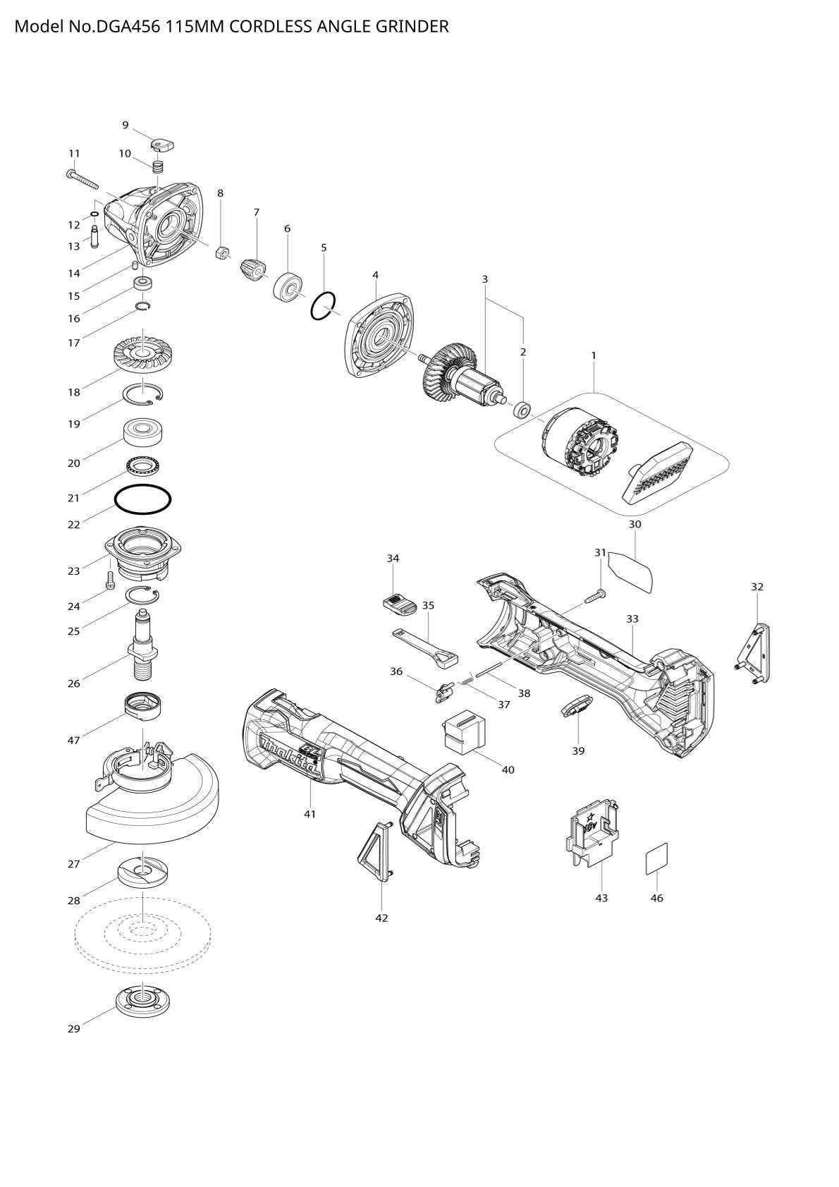 Vue éclatée Makita DGA456 - page 1