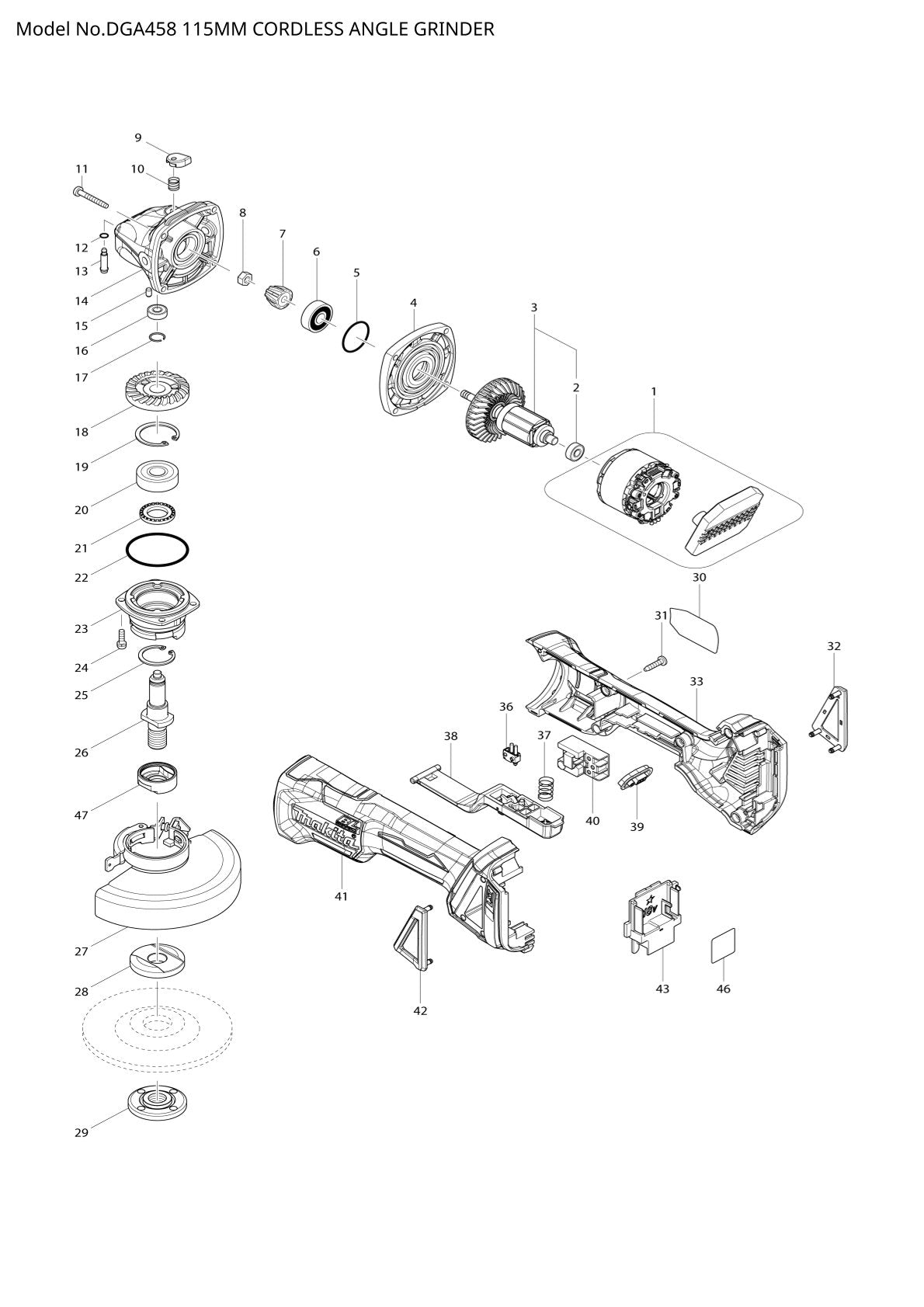 Vue éclatée Makita DGA458 - page 1