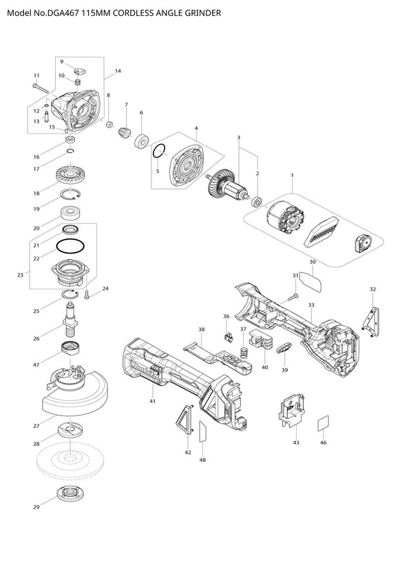 Vue éclatée Makita DGA467 - page 1