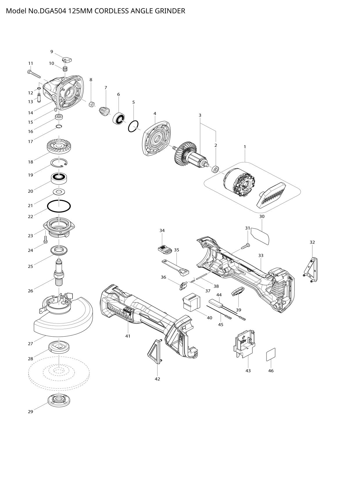 Vue éclatée Makita DGA504 - page 1