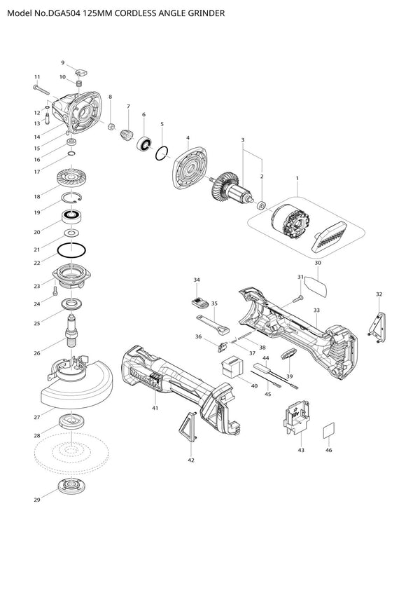 Vue éclatée Makita DGA504 - page 1