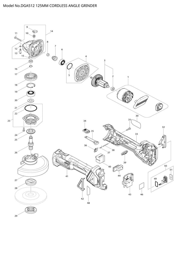 Vue éclatée Makita DGA512 - page 1