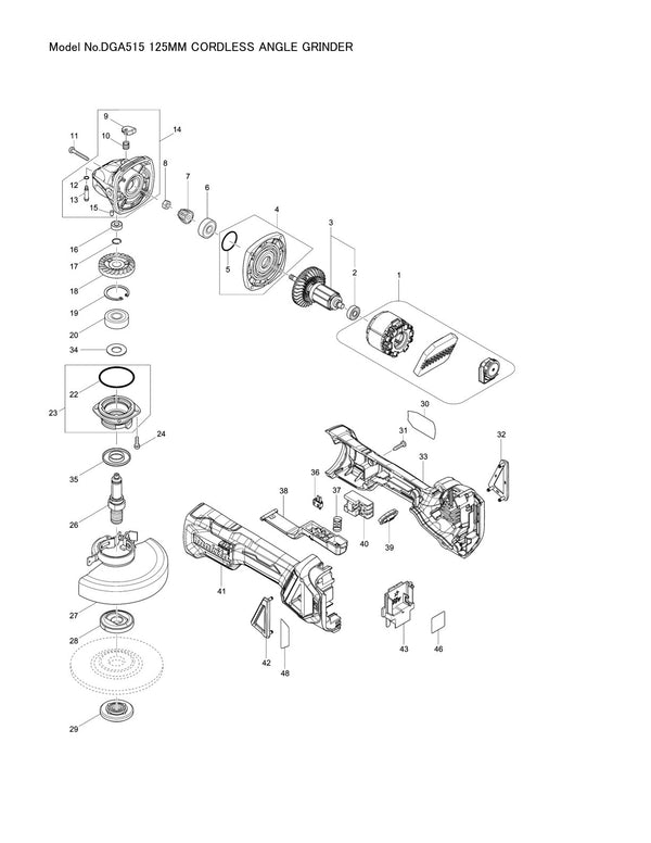 Vue éclatée Makita DGA515 - page 1