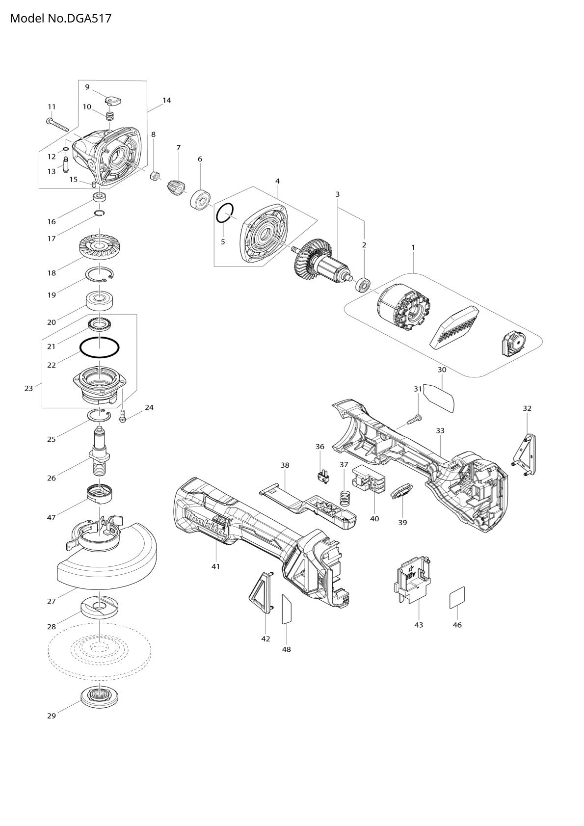Vue éclatée Makita DGA517 - page 1