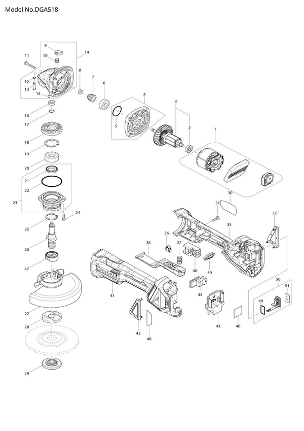 Vue éclatée Makita DGA518 - page 1