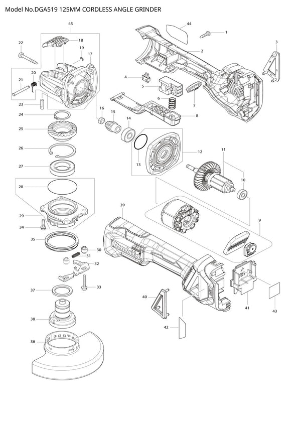 Vue éclatée Makita DGA519 - page 1