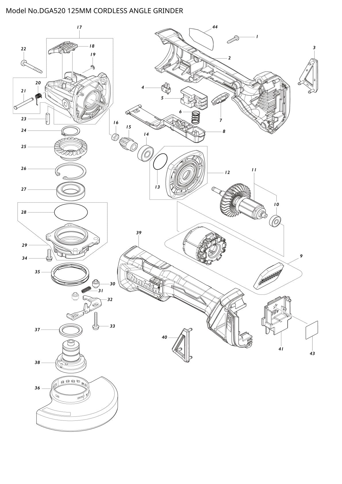 Vue éclatée Makita DGA520 - page 1