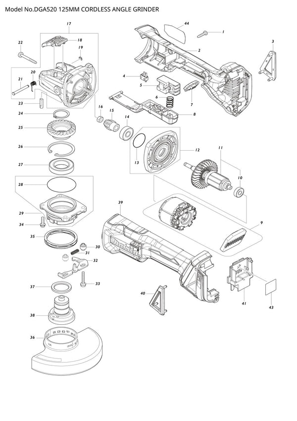 Vue éclatée Makita DGA520 - page 1