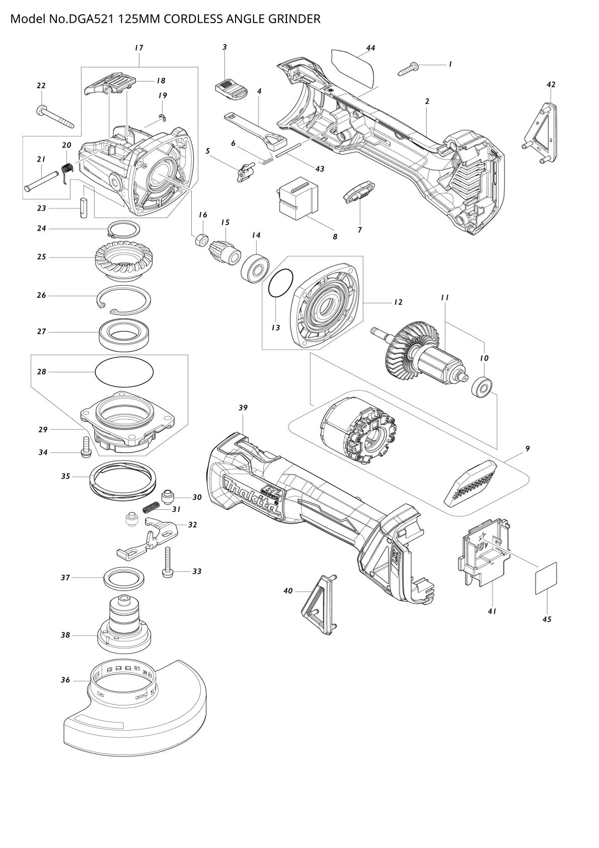 Vue éclatée Makita DGA521 - page 1