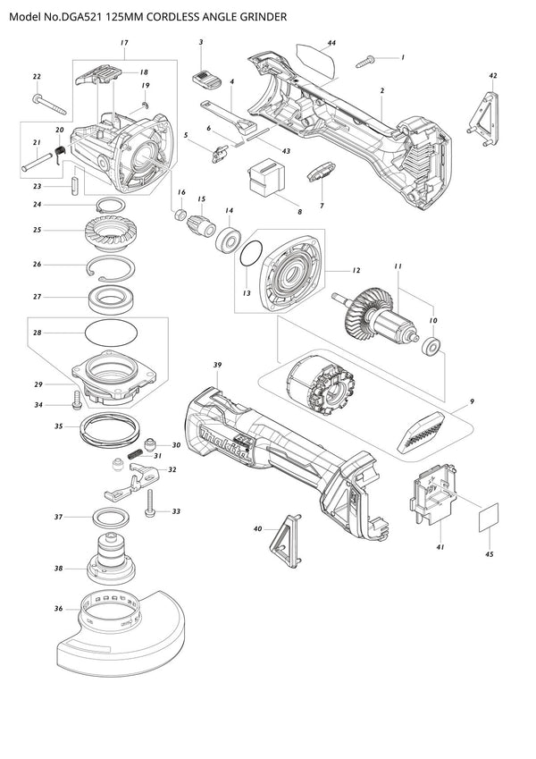 Vue éclatée Makita DGA521 - page 1