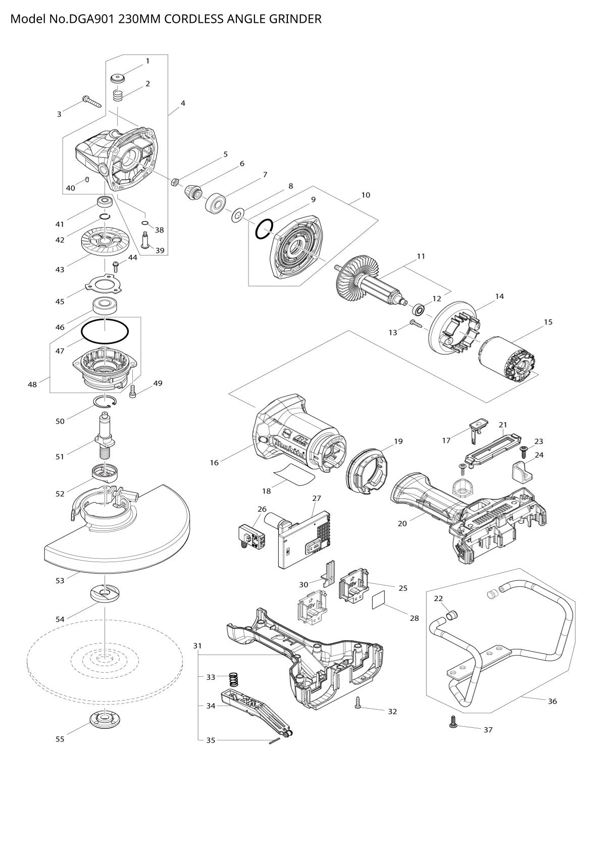 Vue éclatée Makita DGA901 - page 1