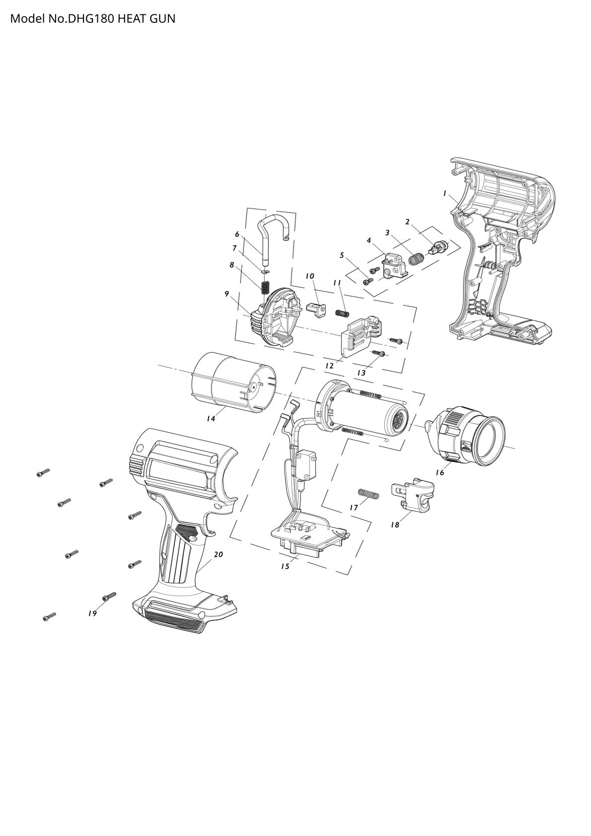 Vue éclatée Makita DHG180 - page 1