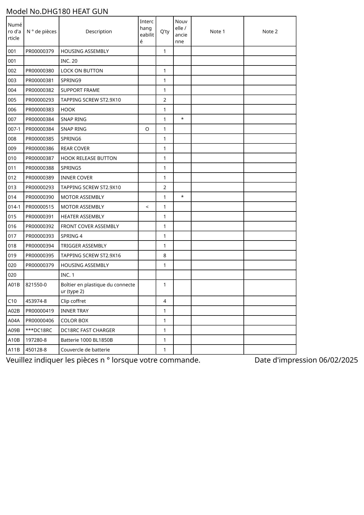 Vue éclatée Makita DHG180 - page 2