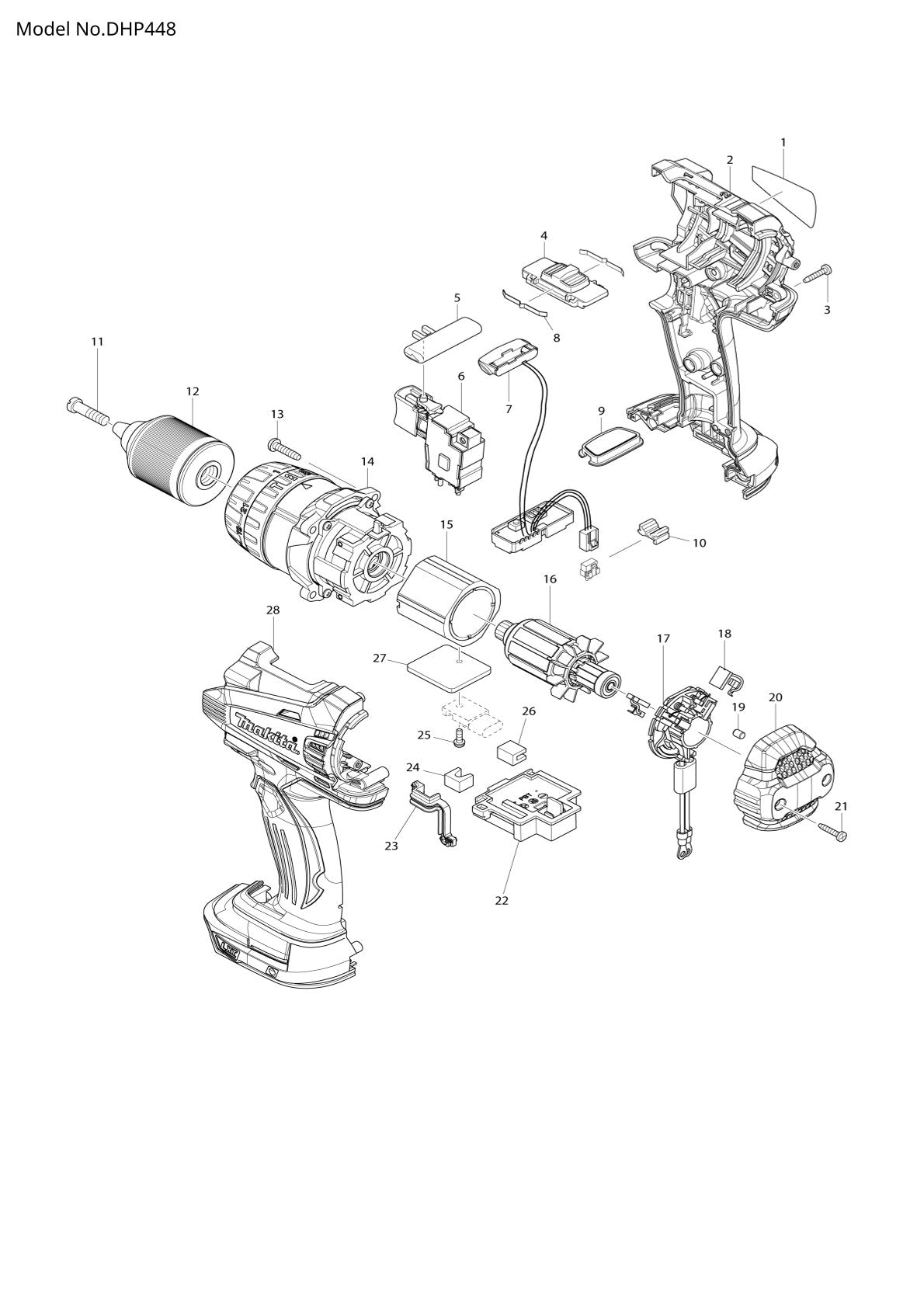 Vue éclatée Makita DHP448 - page 1