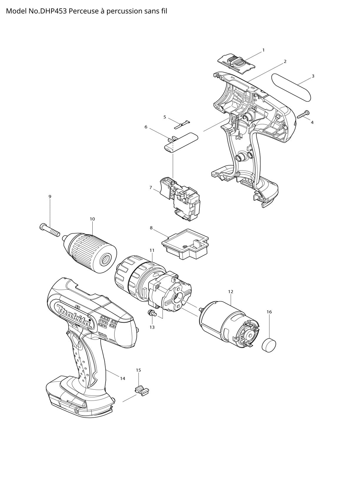 Vue éclatée Makita DHP453 - page 1