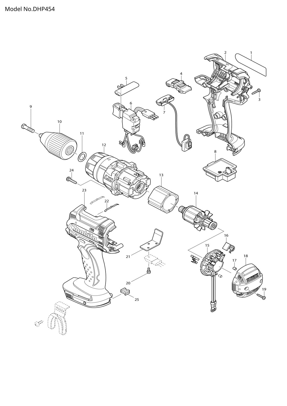 Vue éclatée Makita DHP454 - page 1
