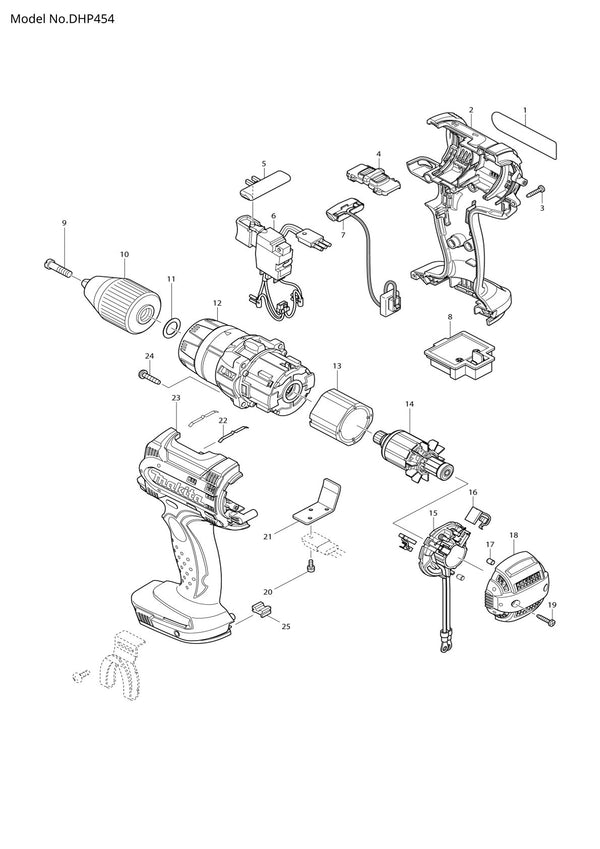 Vue éclatée Makita DHP454 - page 1