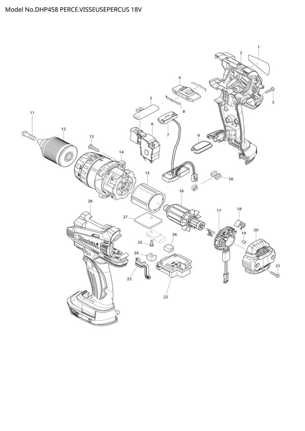 Vue éclatée Makita DHP458 - page 1