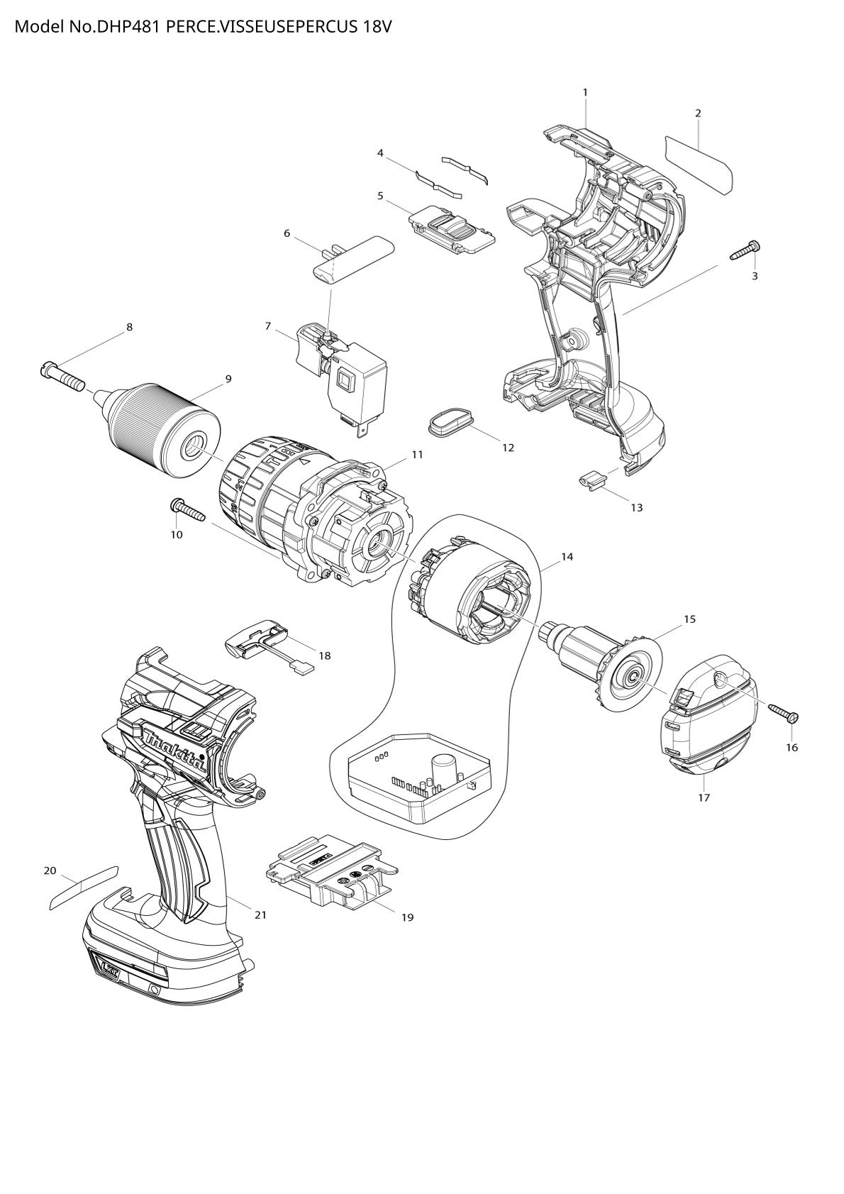 Vue éclatée Makita DHP481 - page 1