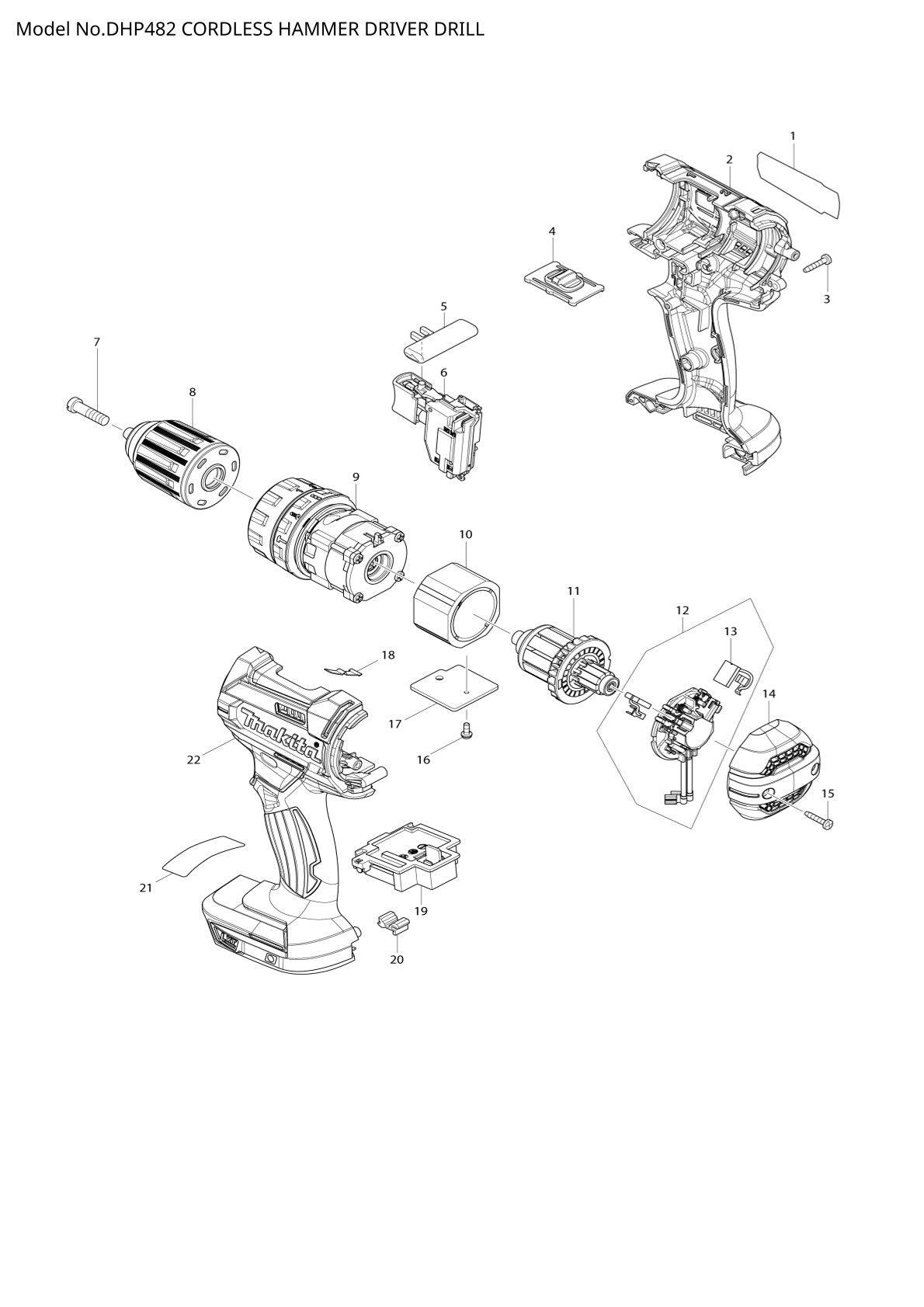 Vue éclatée Makita DHP482 - page 1
