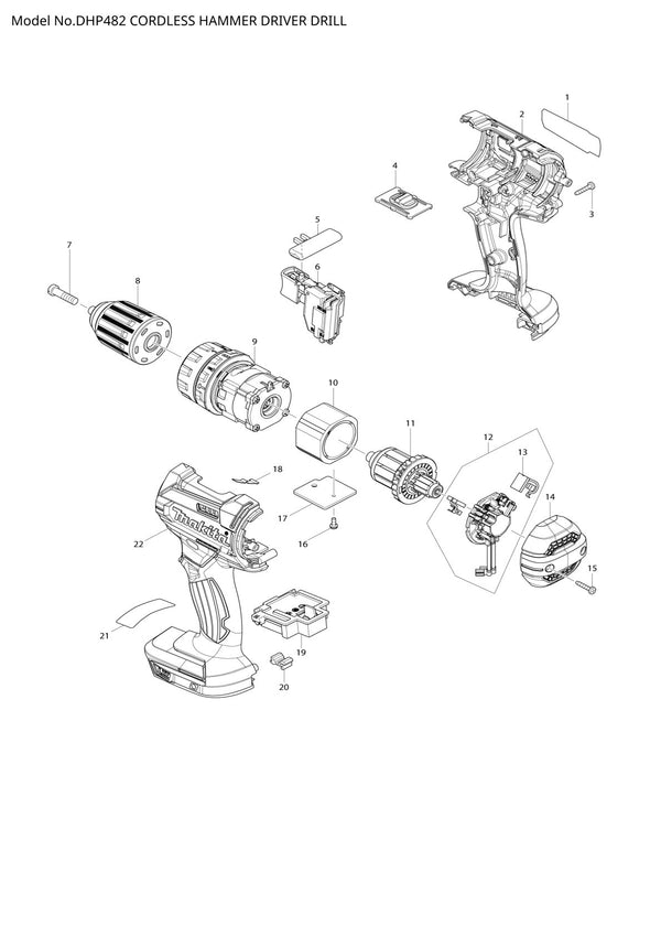 Vue éclatée Makita DHP482 - page 1