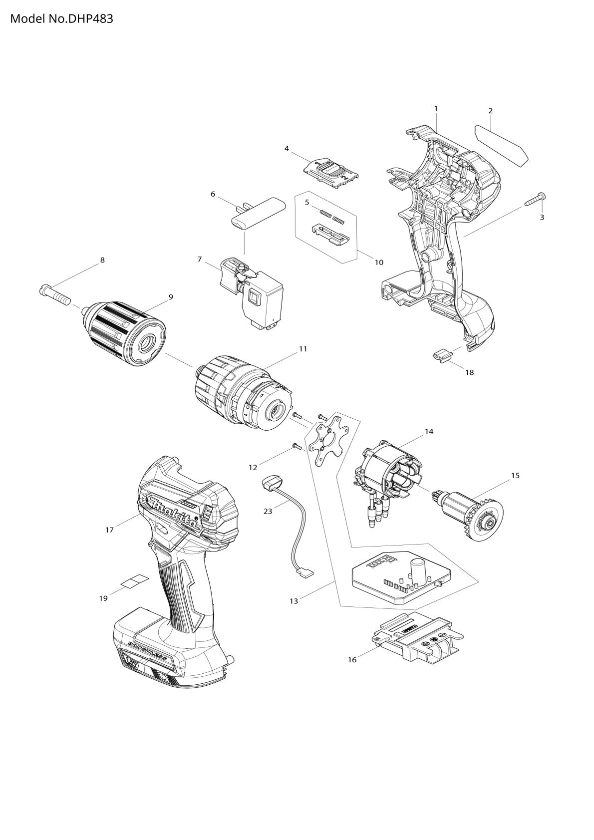 Vue éclatée Makita DHP483 - page 1