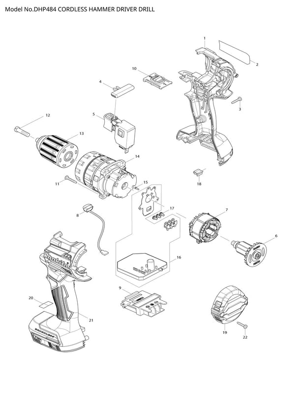 Vue éclatée Makita DHP484 - page 1