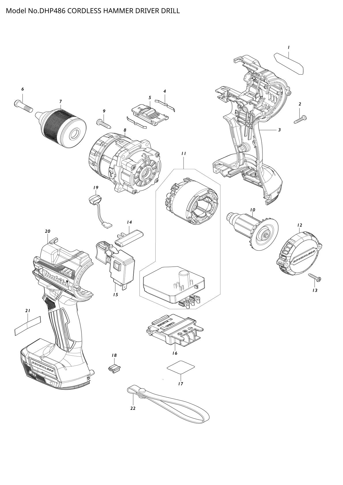 Vue éclatée Makita DHP486 - page 1