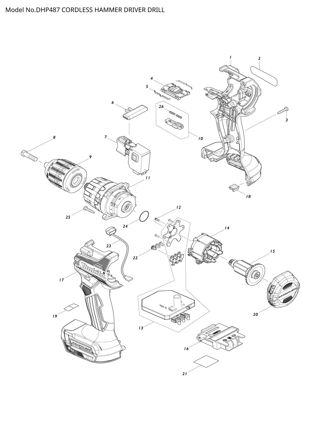 Vue éclatée Makita DHP487 - page 1