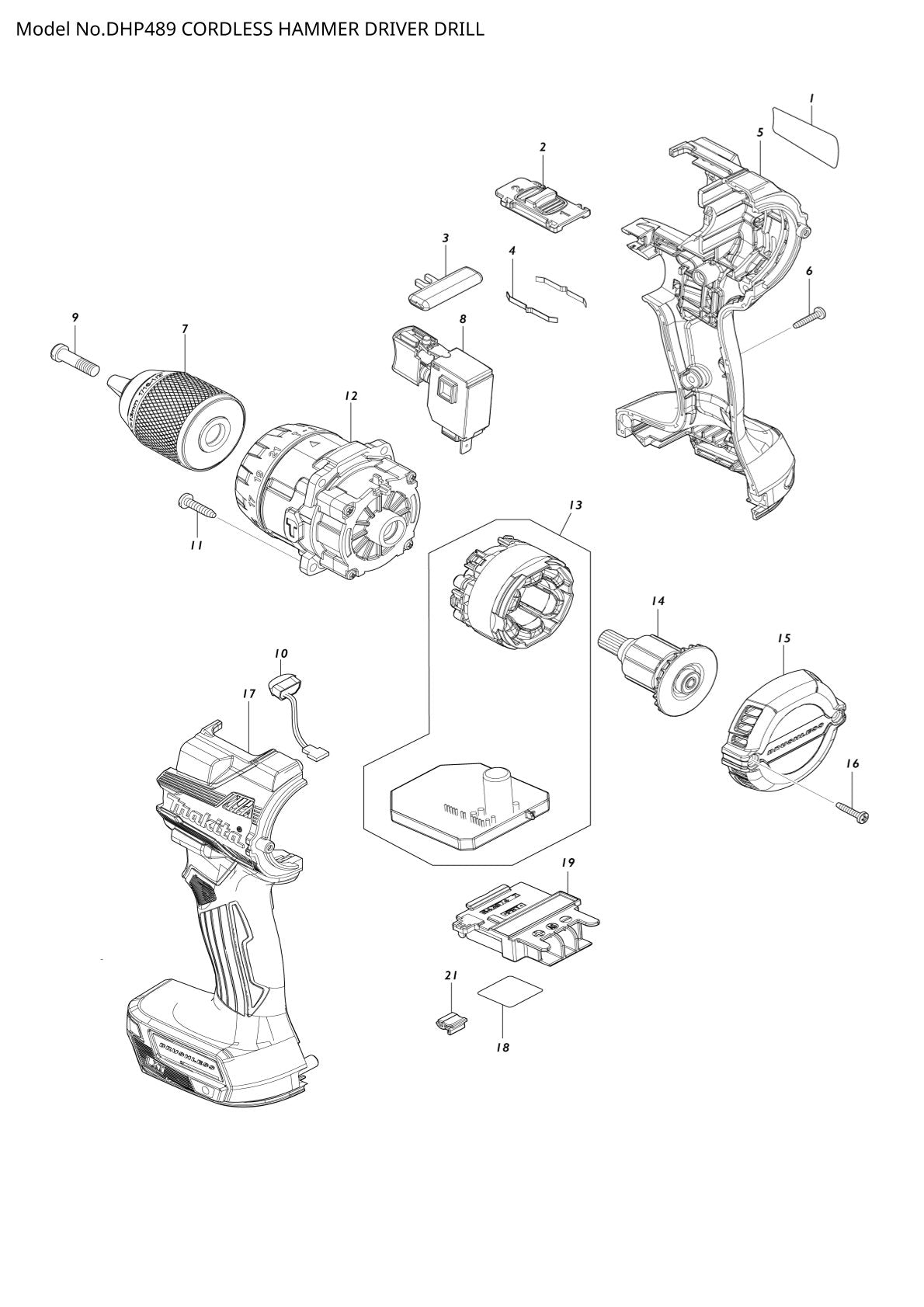 Vue éclatée Makita DHP489 - page 1