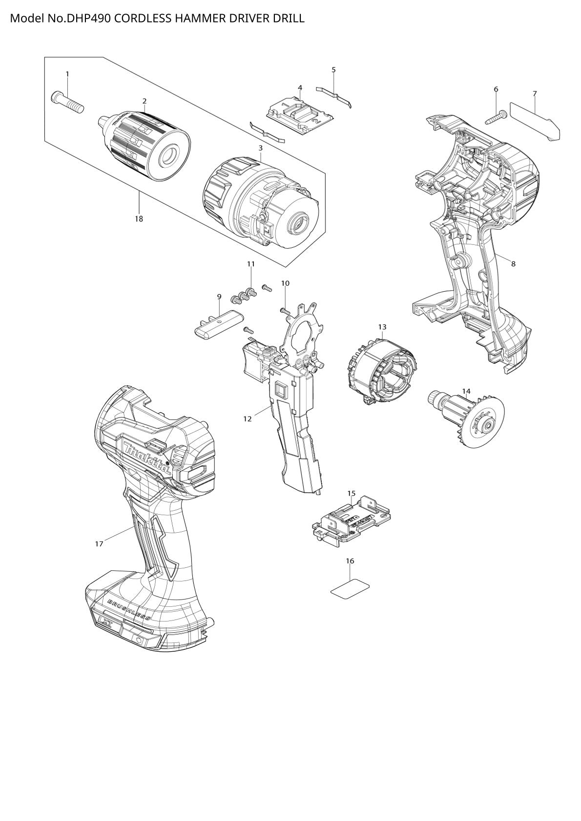 Vue éclatée Makita DHP490 - page 1