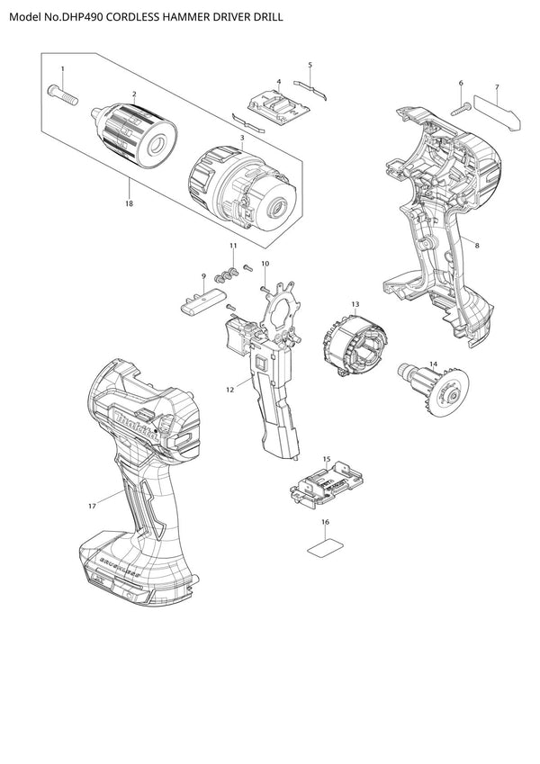 Vue éclatée Makita DHP490 - page 1