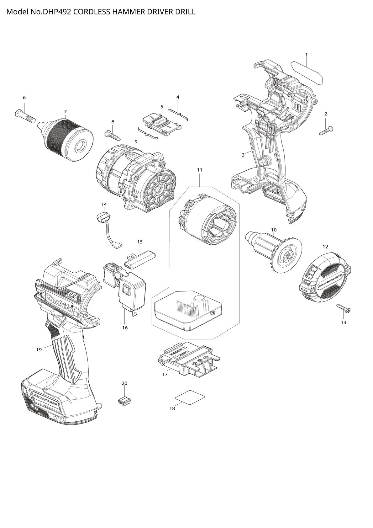 Vue éclatée Makita DHP492 - page 1