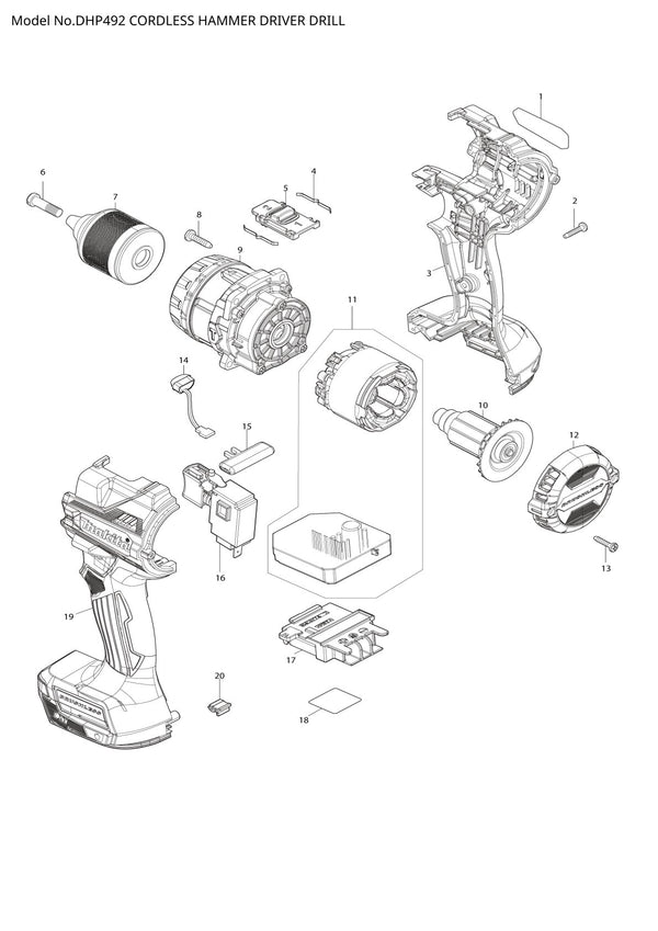 Vue éclatée Makita DHP492 - page 1